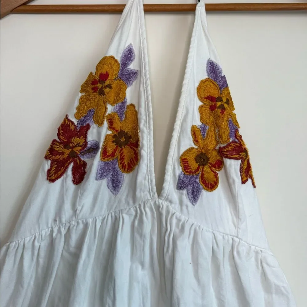 Free People White Mini Dress with Floral Embroidery Medium